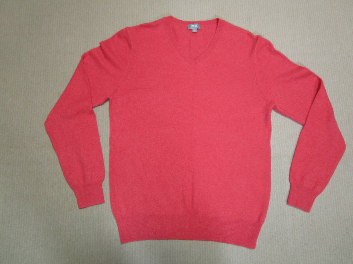 超特価!美品即決!カシミヤ100%!UNIQLO ユニクロ メンズ カシミヤ 長袖 Vネック ニットセーター ピンク系 無地 size S拍卖
