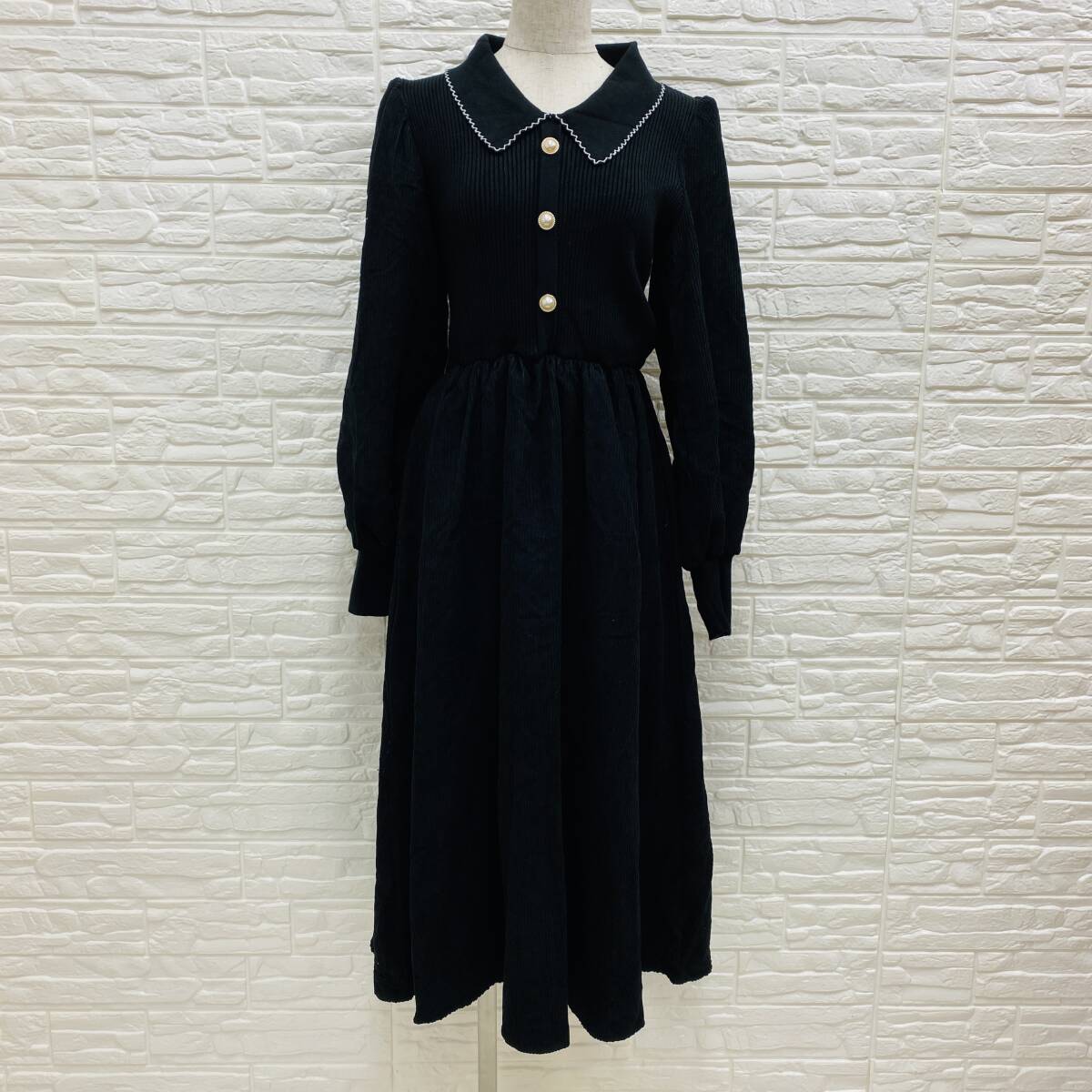 【108】サイズS ワンピース ロング丈 長袖 ハイウエスト フレア かわいい きれいめ 春 秋 20代 30代 40代 50代 レディー 黒 ブラック拍卖