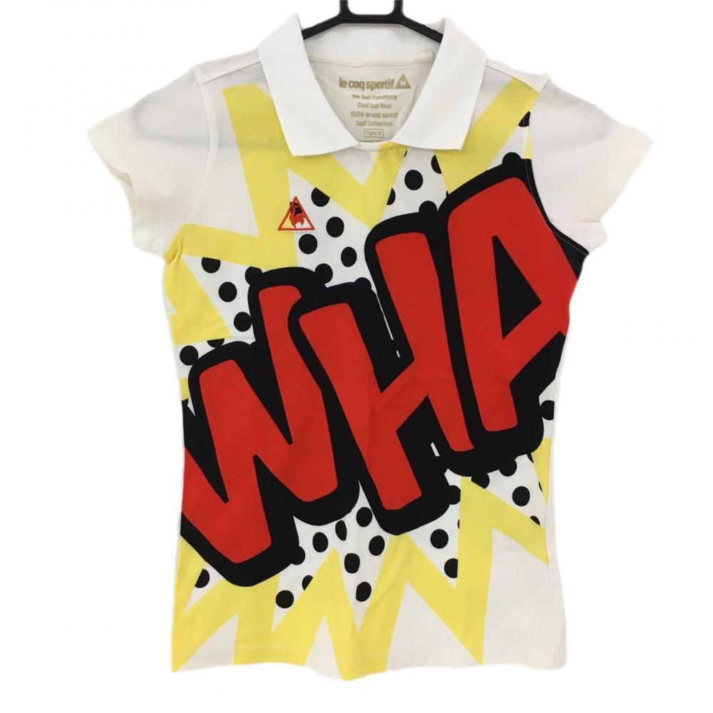 【美品】ルコック 襟付き半袖シャツ 白×レッド 前一部ドット 後ろ無地 レディース M ゴルフウェア le coq sportif拍卖