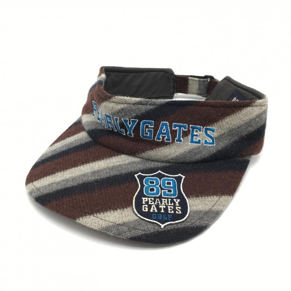 パーリーゲイツ フラットサンバイザー ブラウン×グレー 斜めストライプ ウール100% S ゴルフウェア PEARLY GATES拍卖