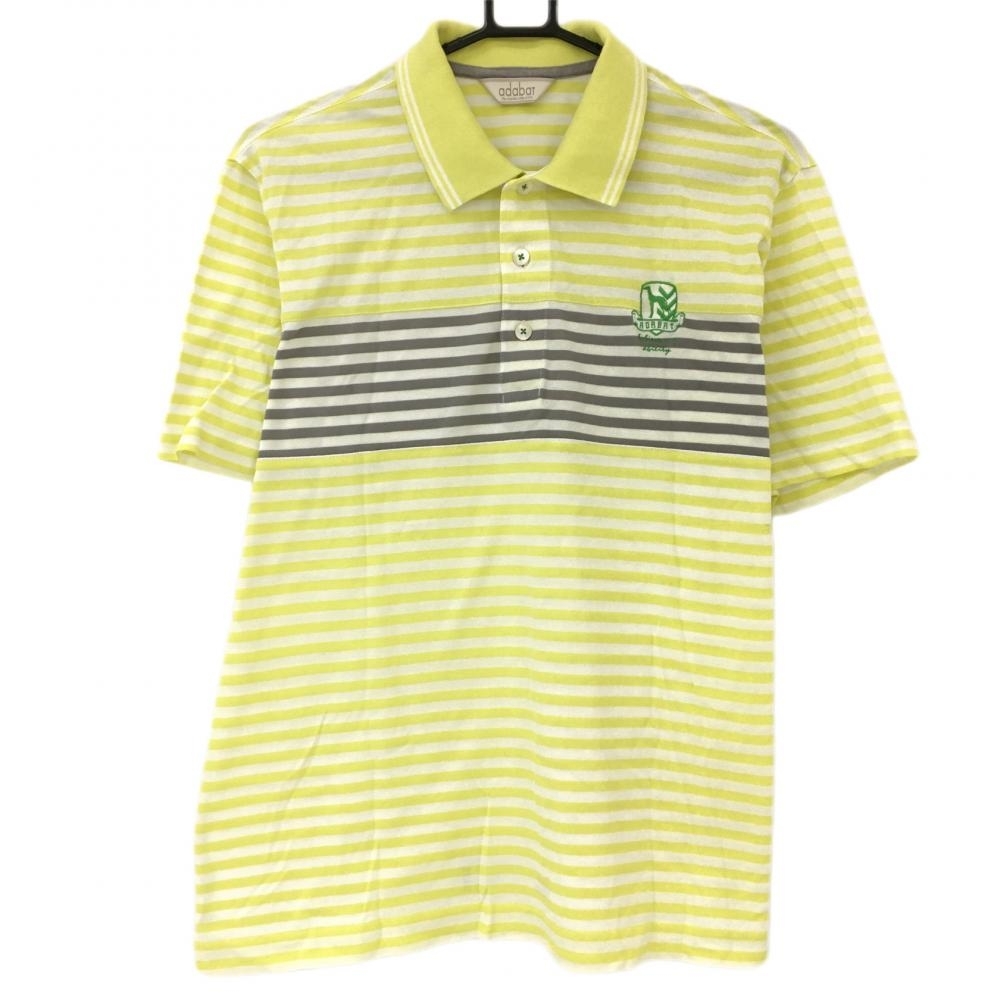 アダバット 半袖ポロシャツ イエロー×白 ボーダー総柄 ロゴ刺しゅう メンズ 48(L) ゴルフウェア adabat拍卖