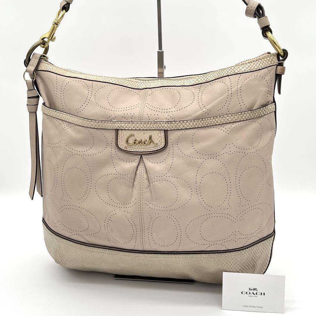 【良品】COACH コーチ オプアート パンチング ハンドバッグ 2way ショルダーバッグ 斜めがけ レディース レザー ベージュ BF501129B-147733拍卖