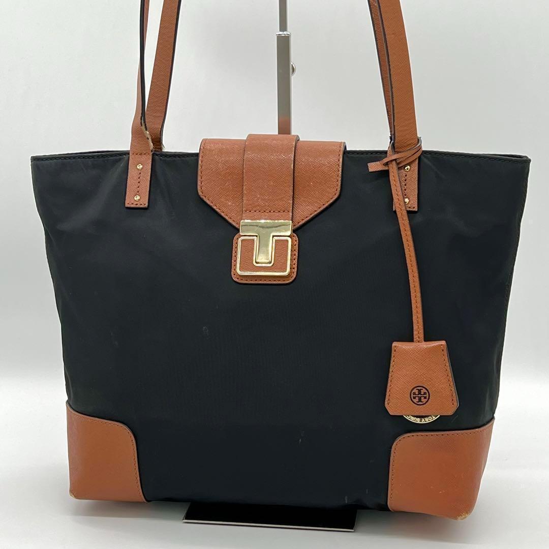 【良品】Tory Burch トリーバーチ T字バックル ハンドバッグ トートバッグ ナイロン レザー ブラック 通勤 通学 レディース BD690814B拍卖