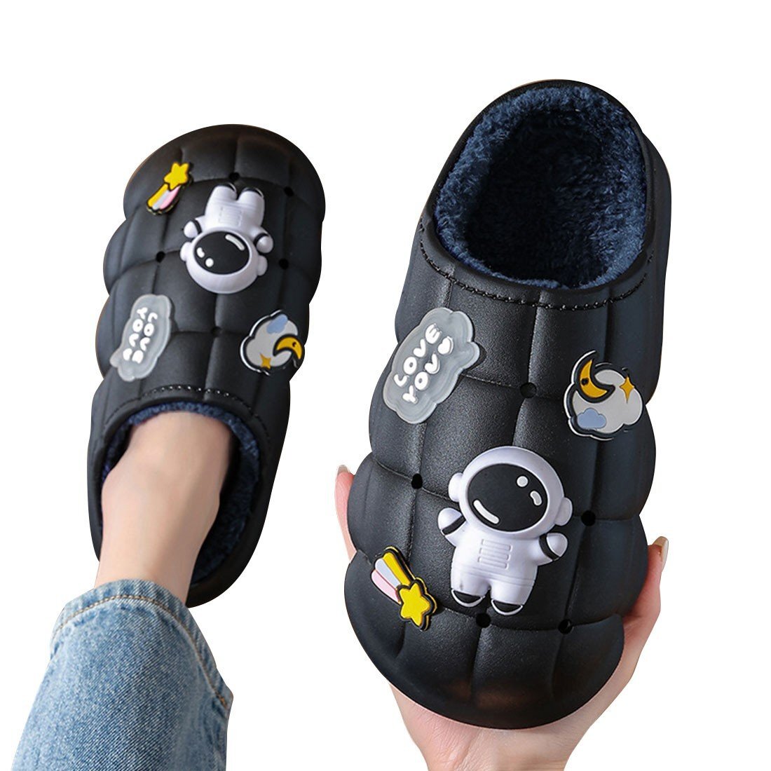 チャーム付きスリッパ かかと無し 大人用 22.5cm ブラック レディース ボア付き 防水 裏ボア 防寒 防滑 厚底スリッパ拍卖