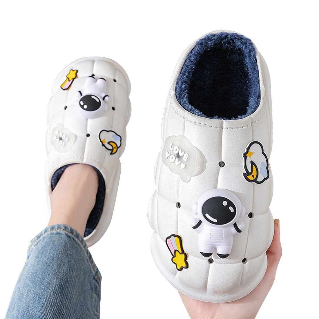 チャーム付きスリッパ かかと無し 大人用 24.5cm ホワイト レディース ボア付き 防水 裏ボア 防寒 防滑 厚底スリッパ拍卖