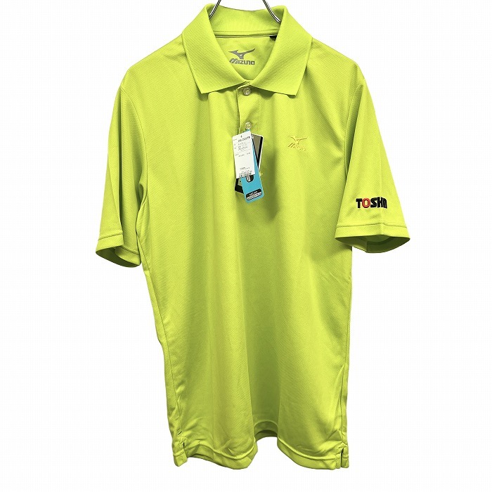 ミズノ 【新品/訳アリ】MIZUNO ポロシャツ ロゴ刺繍 『TOSHIN』 裾スリット 半袖 ポケット無し ポリ100% L グリーン 黄緑×黄 メンズ拍卖