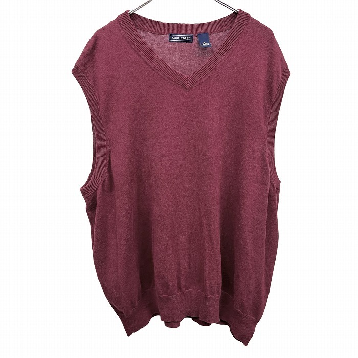 SADDLEBRED ニット ベスト ノースリーブ セーター 無地 Vネック プルオーバー 綿100% コットン100% XL LL ワインレッド 赤紫系 メンズ拍卖