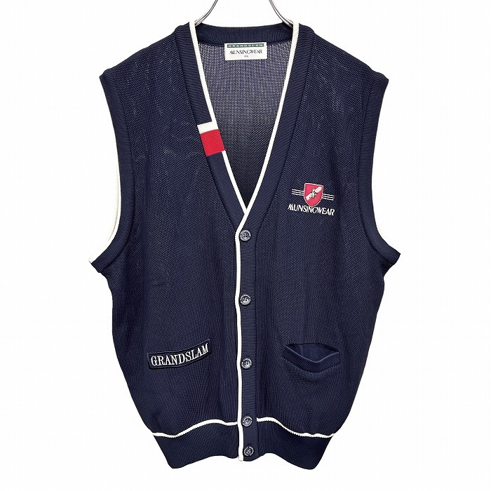 マンシングウェア グランドスラム ゴルフ 鹿の子 ベスト ノースリーブ カーディガン アクリル100% M (MA) ネイビー 紺×赤×白 メンズ拍卖