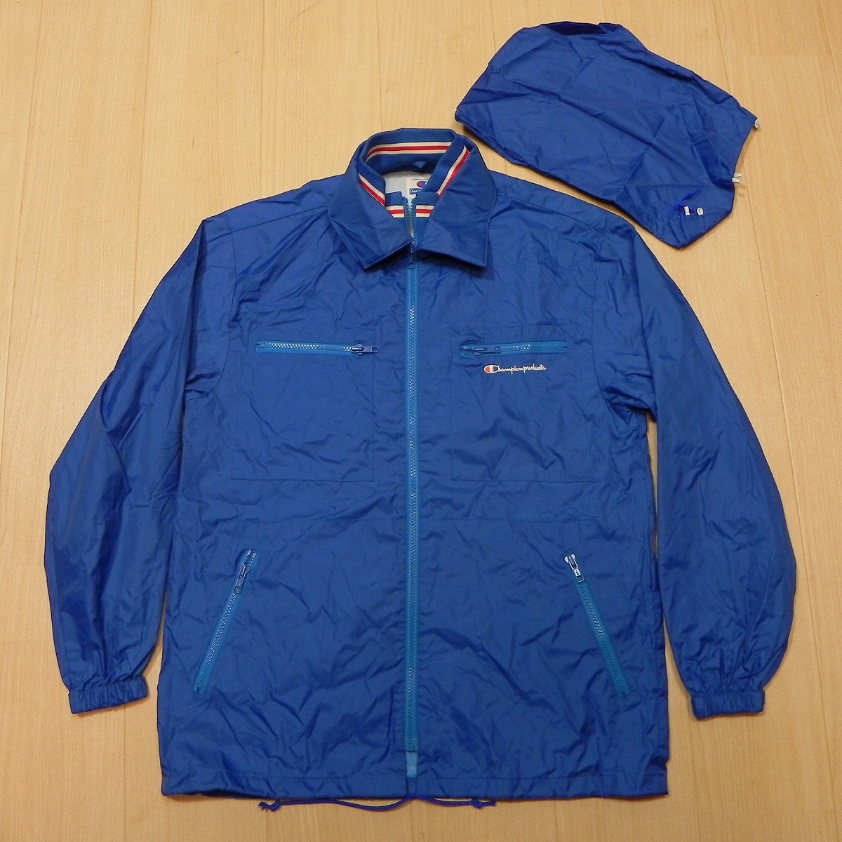 80s ビンテージ 日本製 Champion チャンピオン ナイロン ジャケット コート M フード付き 昭和レトロ 古着 当時物 青系 ★b拍卖