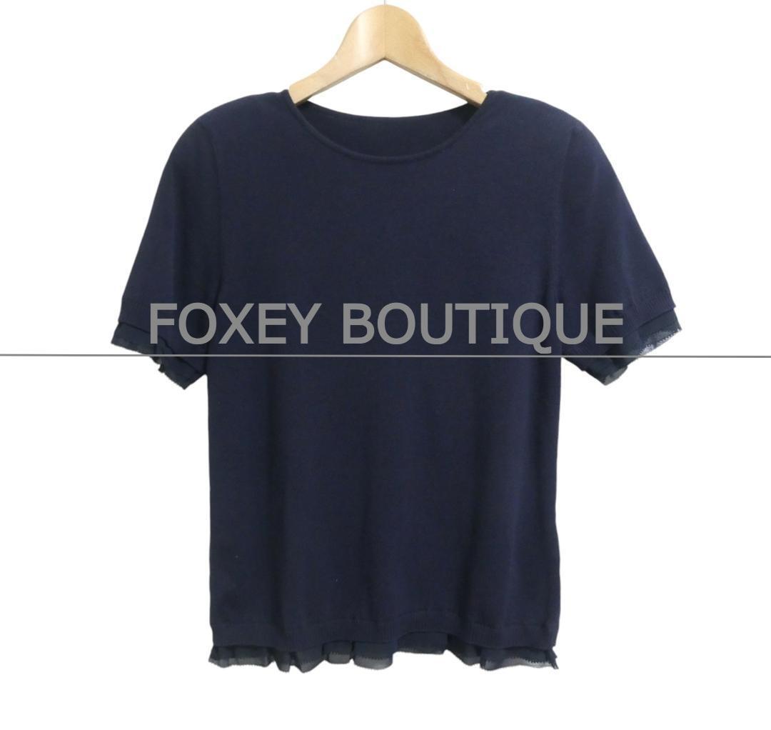 美品 FOXEY BOUTIQUE フォクシーブティック 38 S 裾フリル チュール クルーネック 半袖 ニット カットソー セーター トップス 紺 ネイビー拍卖