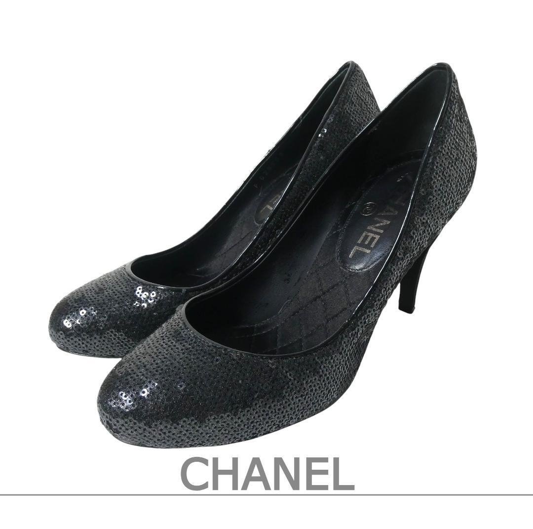 CHANEL シャネル 36C 約23㎝ ココマーク スパンコール ラウンドトゥ ハイヒール パンプス 黒 ブラック拍卖