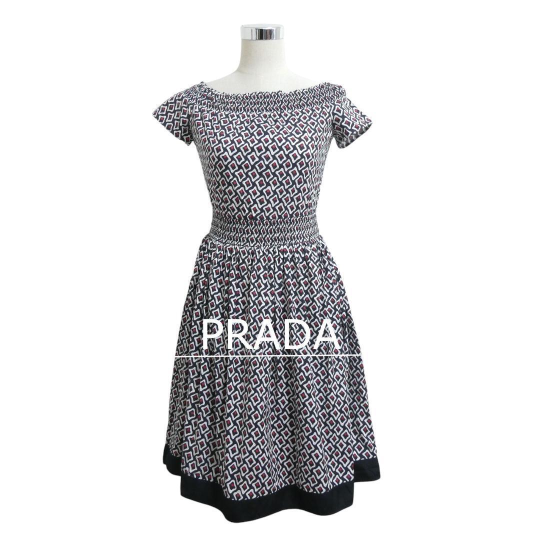 美品 PRADA プラダ サイズ約M 幾何学模様 総柄 ギャザー 膝丈 半袖 フレア ワンピース ドレス マルチカラー拍卖