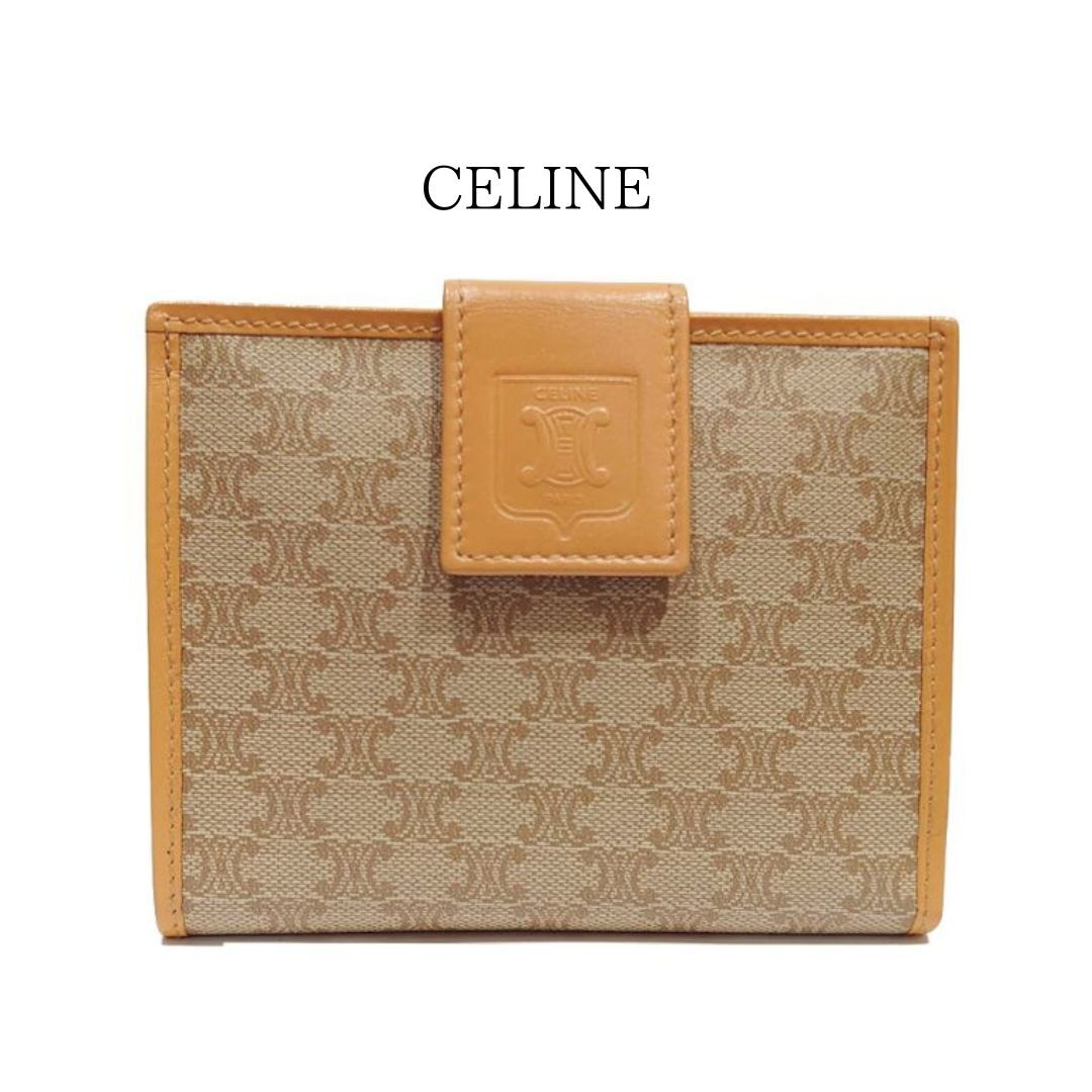 【美品】ヴィンテージ CELINE セリーヌ がま口 財布 二つ折り マカダムパターン ブラゾン ベージュ オールドセリーヌ【送料無料】拍卖