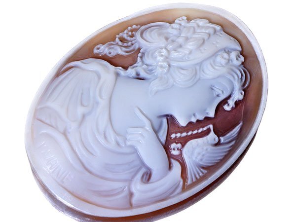 【ジュエリー極】作家品 サイン刻印有 綺麗な女性と小鳥の彫刻 高級シェルカメオルース 44.7mm×33.7mm w4795i【送料無料】拍卖