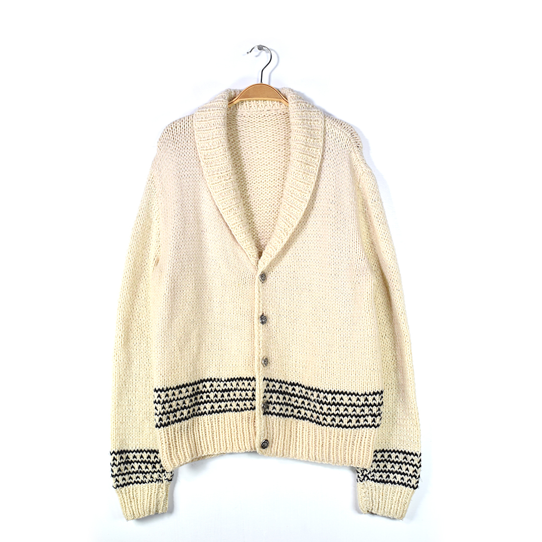 【送料無料】70s ハンドニット ショールカラー ヴィンテージカーディガン エンブルムボタン ウールセーター メンズL相当 古着 @CI9001拍卖