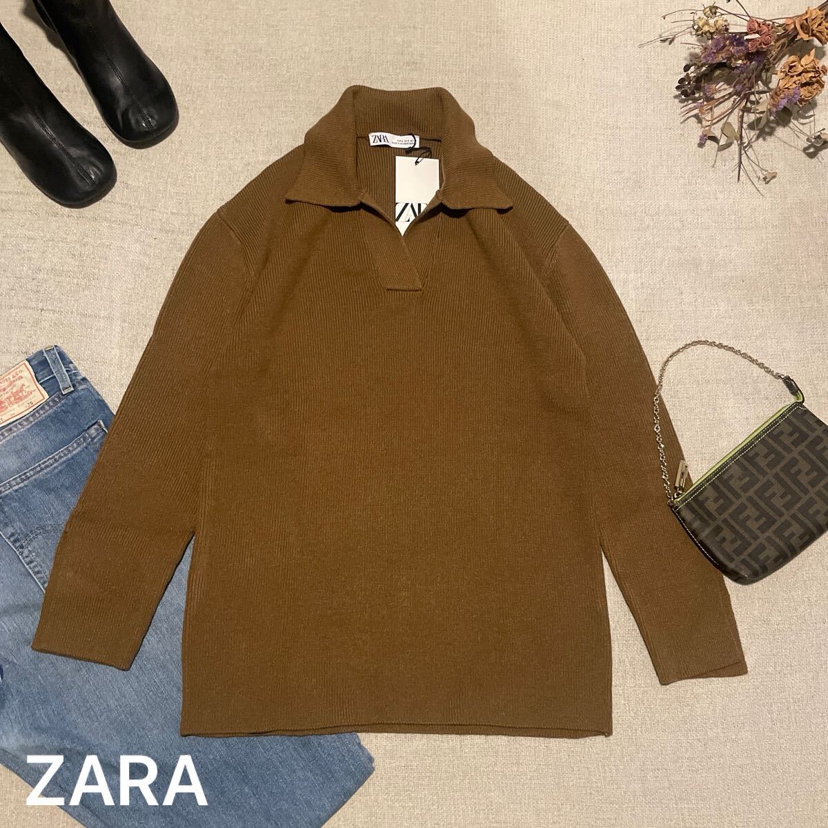 ZARA セーター ニット トップス ポロ チュニック ザラ レディースSサイズ 未使用 美品 ブラウン ニットシャツ 長袖 茶拍卖
