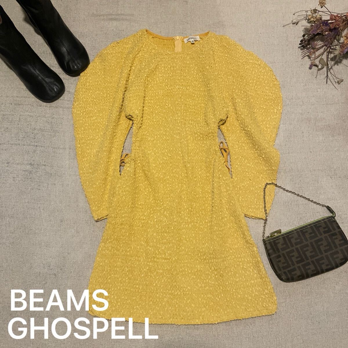 BEAMS 購入 ゴスペルロンドン GHOSPELL ワンピース ドレス ミニスカート カットアウト デザイン ミニドレス パフスリーブ イエロー S拍卖