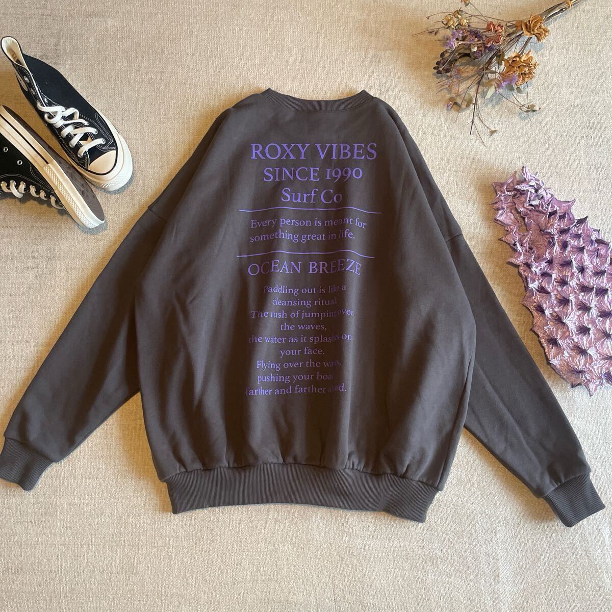 ROXY スウェットトップス トレーナー バックプリント レディースMサイズ 美品 ロキシー プルオーバー 長袖 ビッグシルエット チャコール拍卖