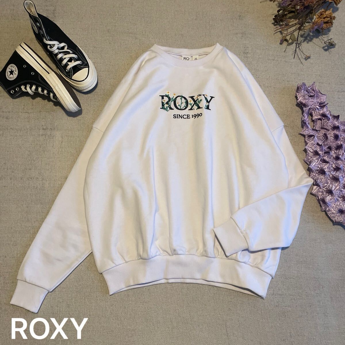 ROXY スウェット トレーナー スウェットトレーナー スウェットカットソー レディースMサイズ ロゴ ロキシー 刺繍 フラワー 長袖 白拍卖