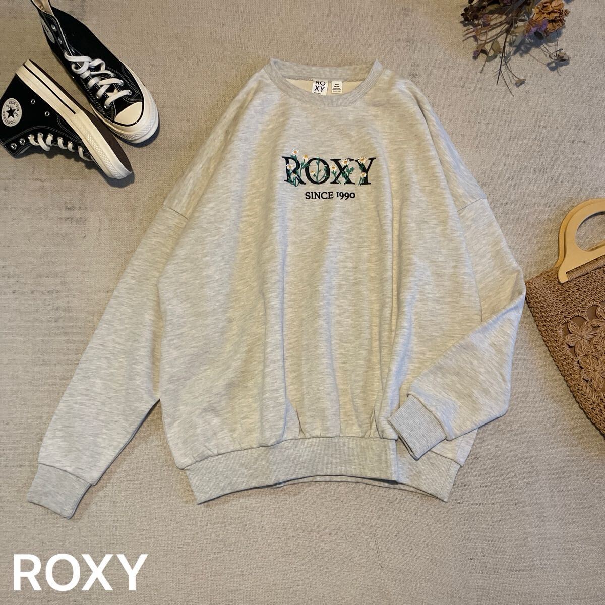 ROXY スウェット トレーナー プルオーバー グレー カットソー レディースフリーサイズ ロゴ ロキシー 刺繍 フラワー 長袖 トップス拍卖