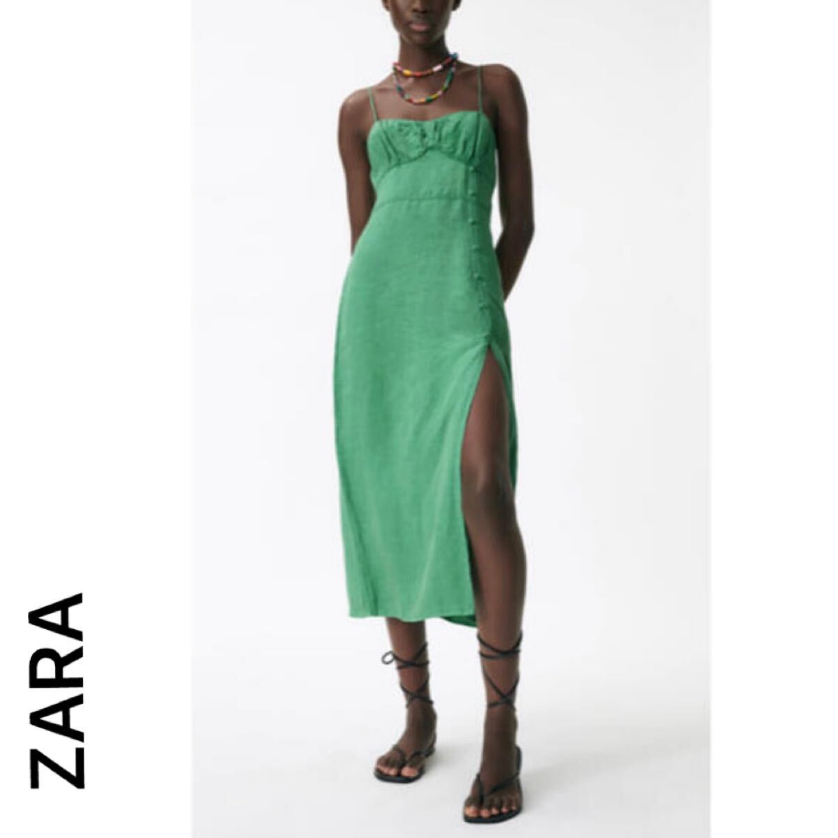 ZARA キャミソールワンピース スリット ドレス ロングスカート ノースリーブ ザラ レディースSサイズ 未使用 マキシ丈 グリン 緑拍卖