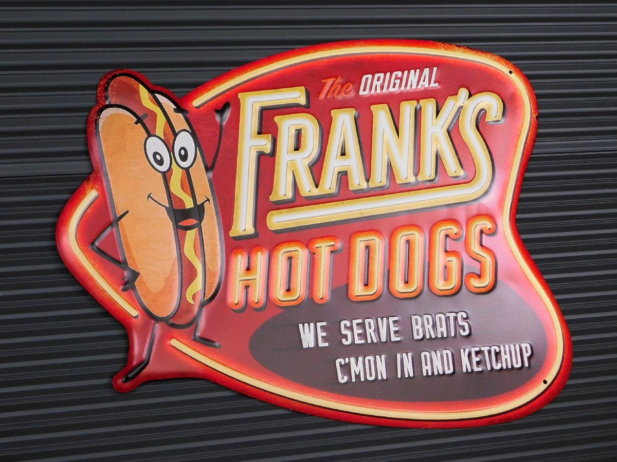 【FRANK'S HOT DOGS・ホットドッグ】※《エンボスメタルサイン》 アメリカン雑貨 エンボス看板 ブリキ看板 32拍卖