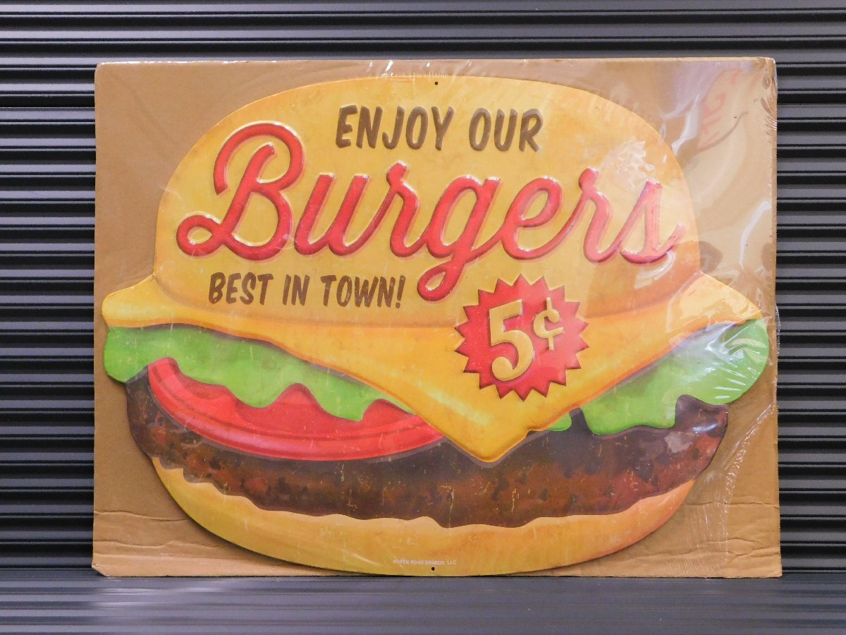 【ENJOY OUR Burgers・ハンバーガー】※《エンボスメタルサイン/ビッグサイズ》 アメリカン雑貨 エンボス看板 ブリキ看板 30拍卖