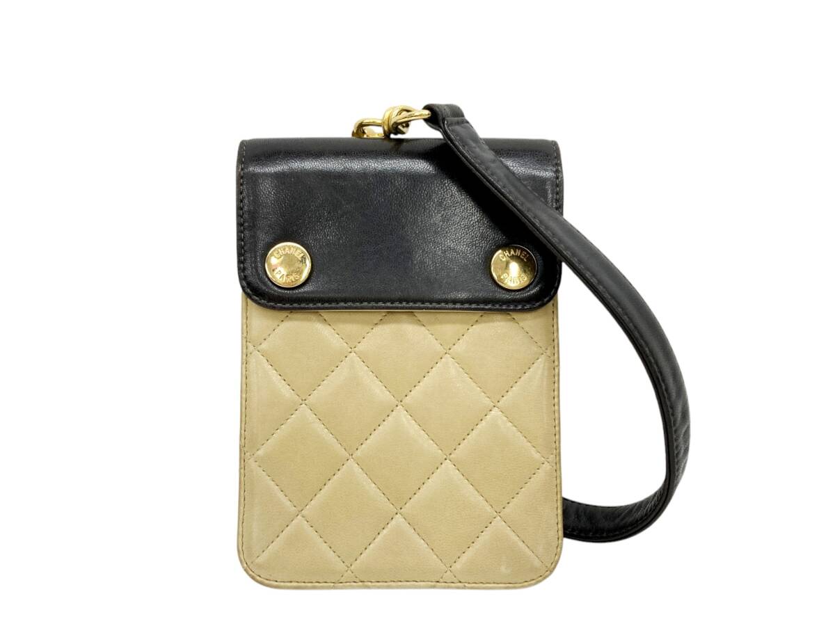 CHANEL (シャネル) ラムスキン マトラッセ ハンドバッグ フォンバッグ 97年製 4番台 ヴィンテージ ブラック×ベージュ レディース/028拍卖