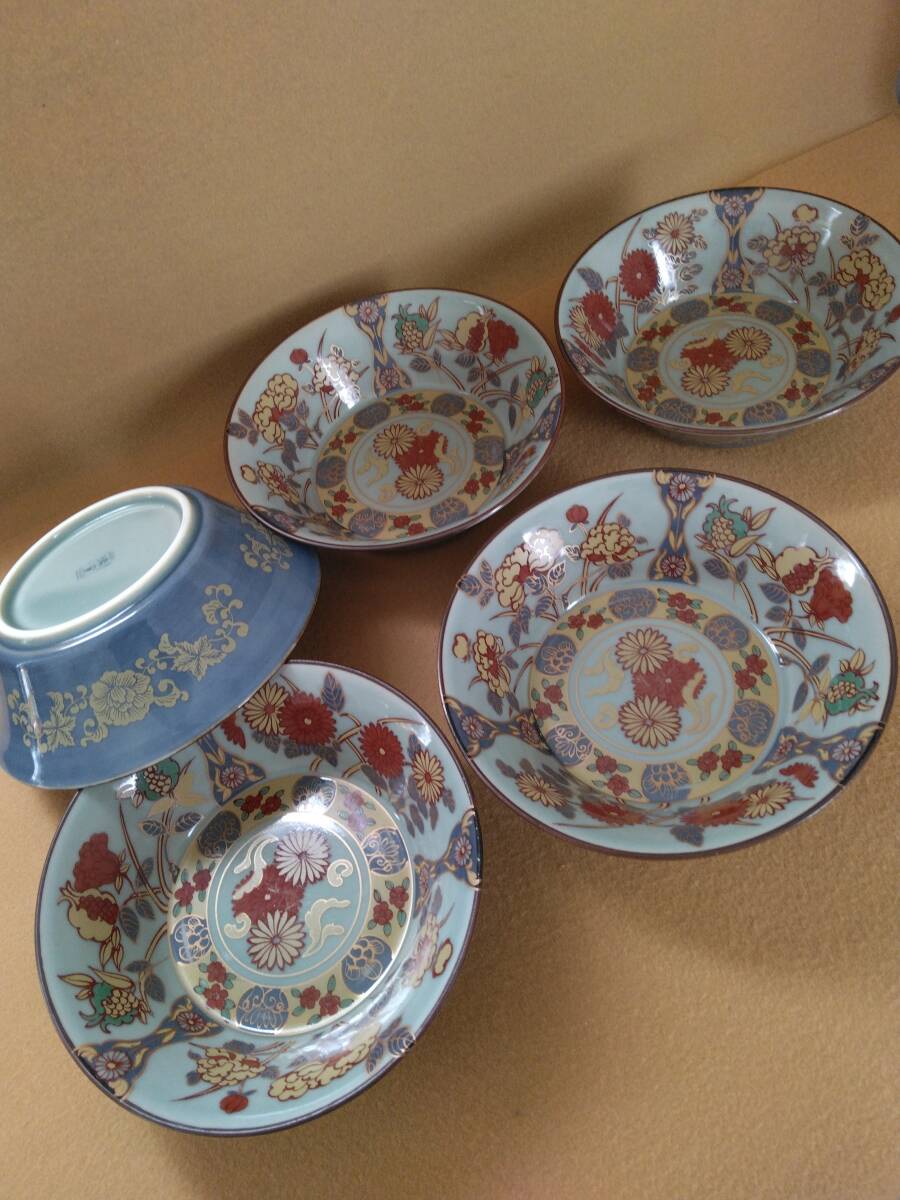 瑞窯 金彩色絵 中深皿 和ボール5枚ぐみ 傷有り拍卖