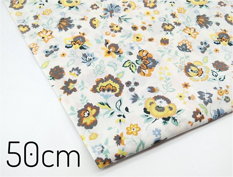 【50cm】小花柄 オフホワイト×イエロー★綿 コットン シボ★ハギレ 生地 布 カットクロス 手芸 裁縫 ハンドメイド 入園 入学 フラワー拍卖