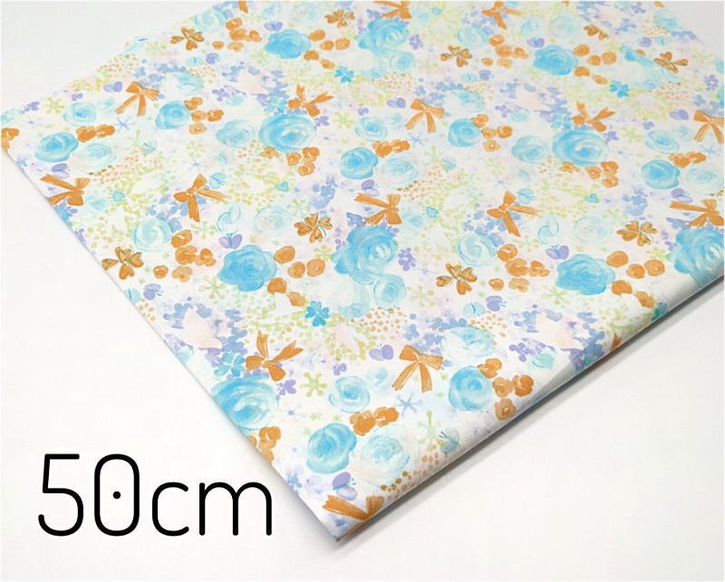 【50cm】水彩画風 バラ&リボン柄 ブルー★綿 コットン ブロード★ハギレ 生地 布 カットクロス 手芸 裁縫 入園 入学 花柄 ローズ 薔薇拍卖