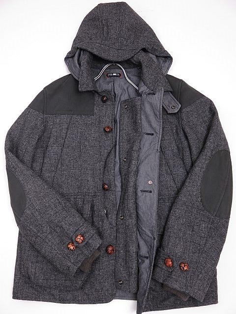 【送料無料】CASH CA カシュカ ハーフコート 取り外し可能なフード くるみボタン グレー L拍卖