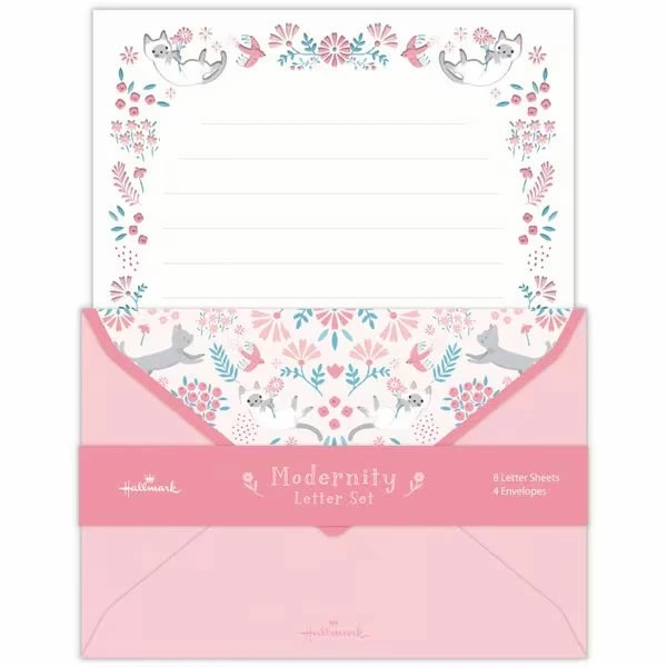 【即決】★レターセット ネコ★ホールマーク 便箋8枚 封筒4枚 ピンク 猫 鳥 花 大人かわいい モダン 手紙 メッセージ // EES-835-422拍卖