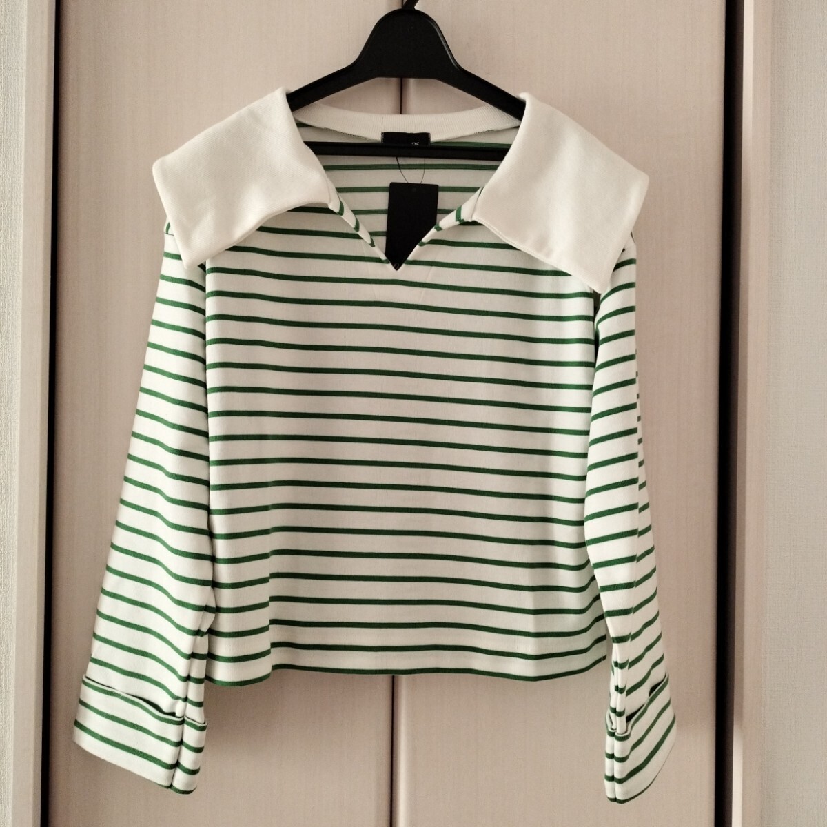 新品未使用 【PSSサイズ】 小さいサイズ 衿付きボーダーカットソー 低身長 ウイエ Oeillet クロスプラス 緑×白 レディース 長袖拍卖
