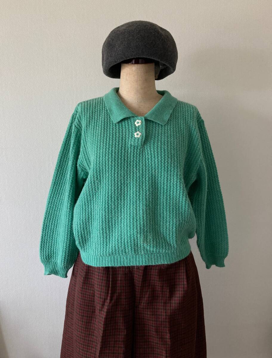 *USED ウール混 襟付きニット/ヴィンテージ 70's 80's 古着 レトロ 8分袖 セーター 日本製 japan vintage拍卖