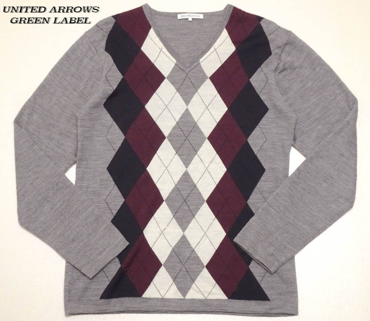 UNITED ARROWS GREEN LABEL(ユナイテッドアローズ グリーンレーベル)/ウール×アクリル/アーガイル柄/タイト/Vネックセーター/L拍卖