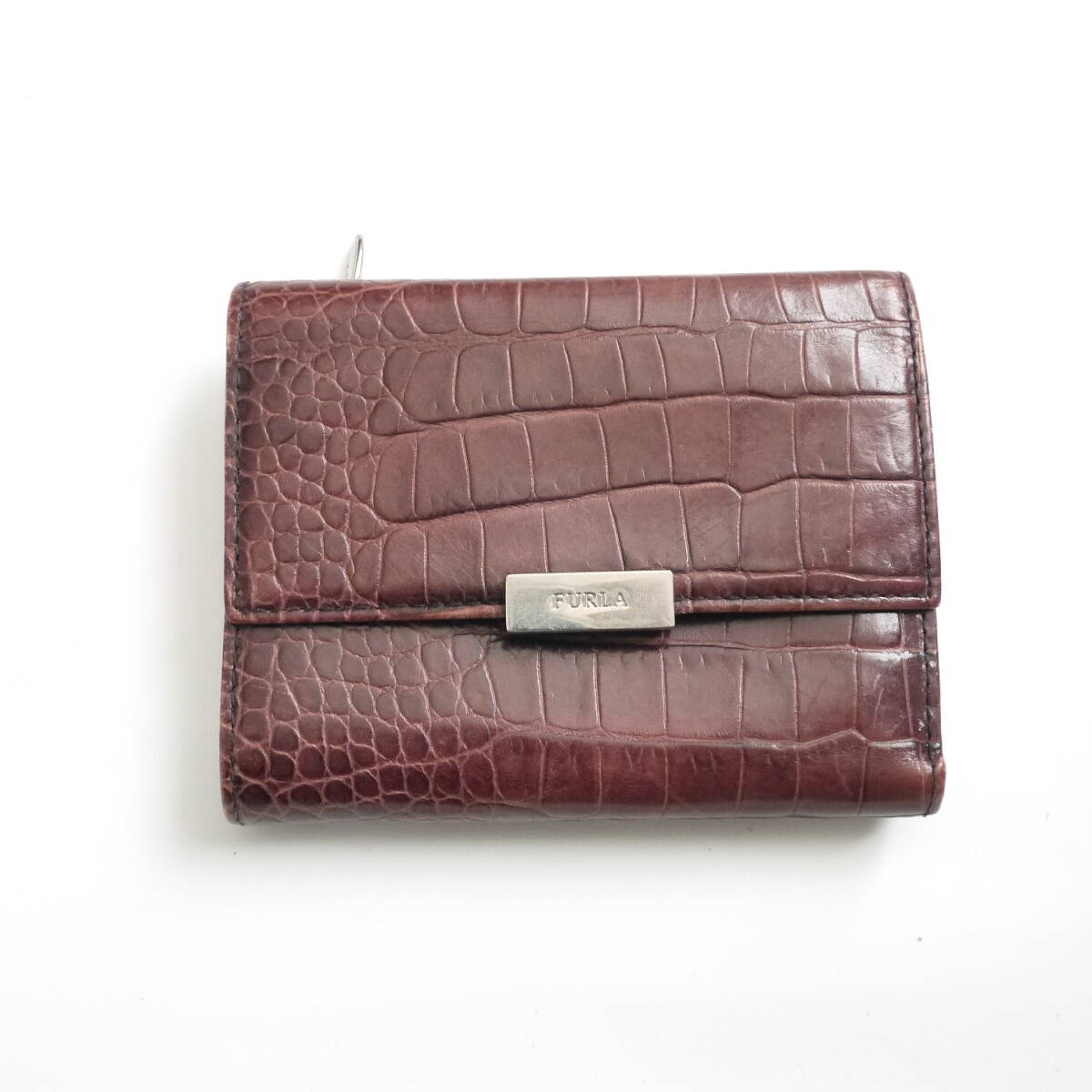 $ 美品 $ 激レア!■ フルラ ■ FURLA ■ クロコ型 本革 レザー製・ 2つ折り 財布 小銭入れ ■ ワインレッド系 ■ レトロ ■ 送料無料!拍卖