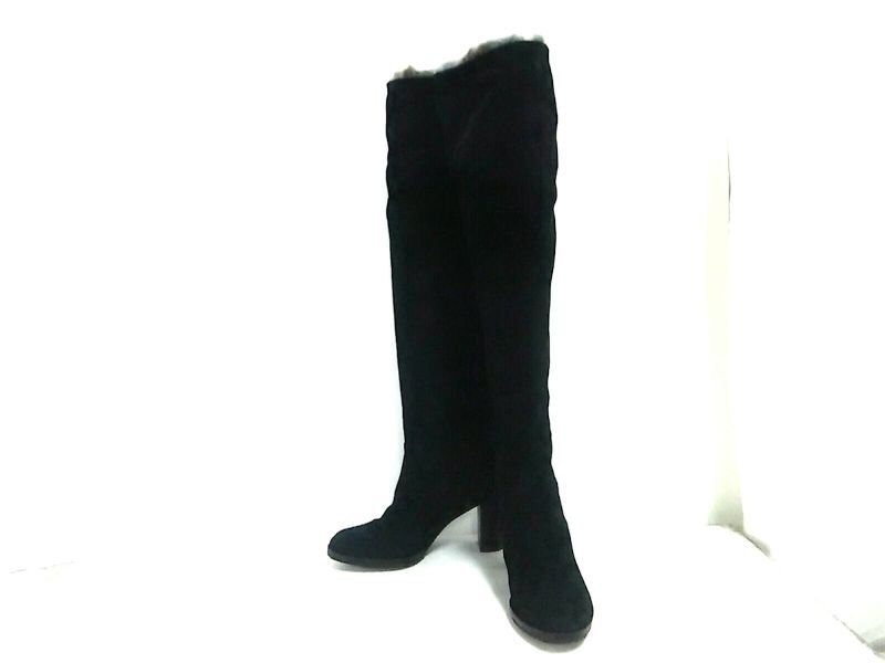 美品 激レア ◆ ANNA SUI ◆ アナスイ ◆ 22.5cm ◆ ファー付き スエード製・ ロングブーツ ニーハイブーツ◆ロゴ入◆ 黒 ブラック◆ 2 1/2拍卖