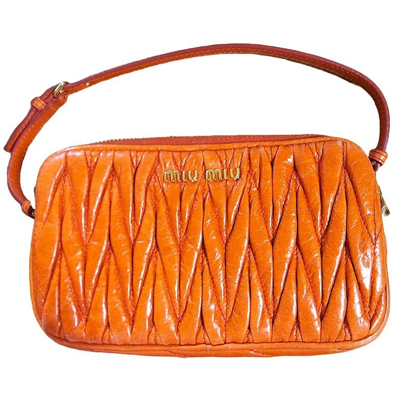 $ 美品 $ 激レア♪■ miumiu ■ ミュウミュウ■ マテラッセ 本革 レザー製■ ダブルファスナー式■ ミニバッグ ポーチ 小物入れ■ オレンジ拍卖