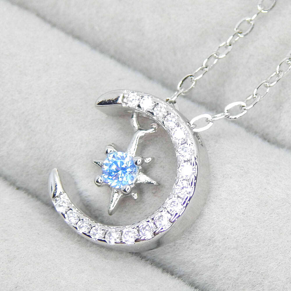 Alnair ブランド★残り1点★新品★送料無料 アクアマリン 星&月レディースネックレス スターリングシルバー925 ジルコニア プラチナ仕上拍卖