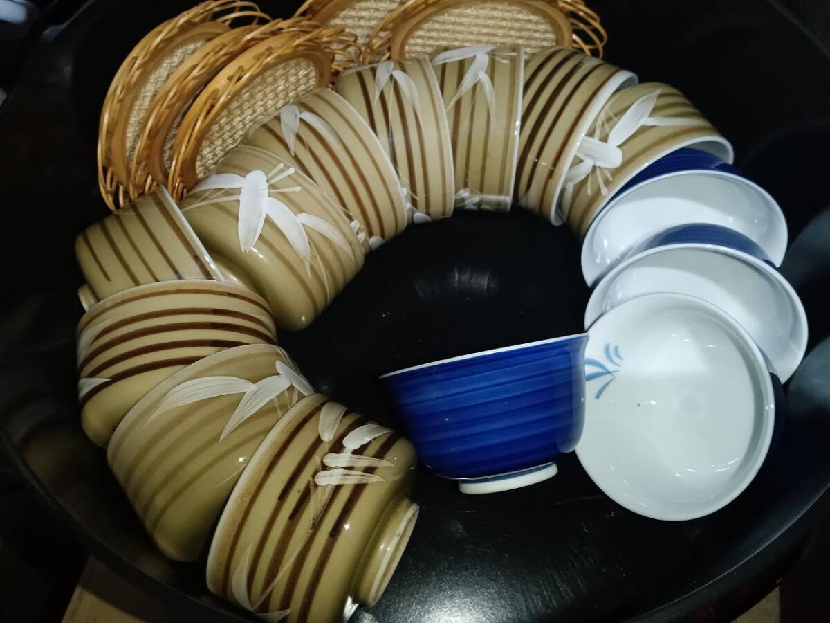 横筋 湯呑10客/藍色 湯呑5客(茶托5個 )計15客セット *1224拍卖