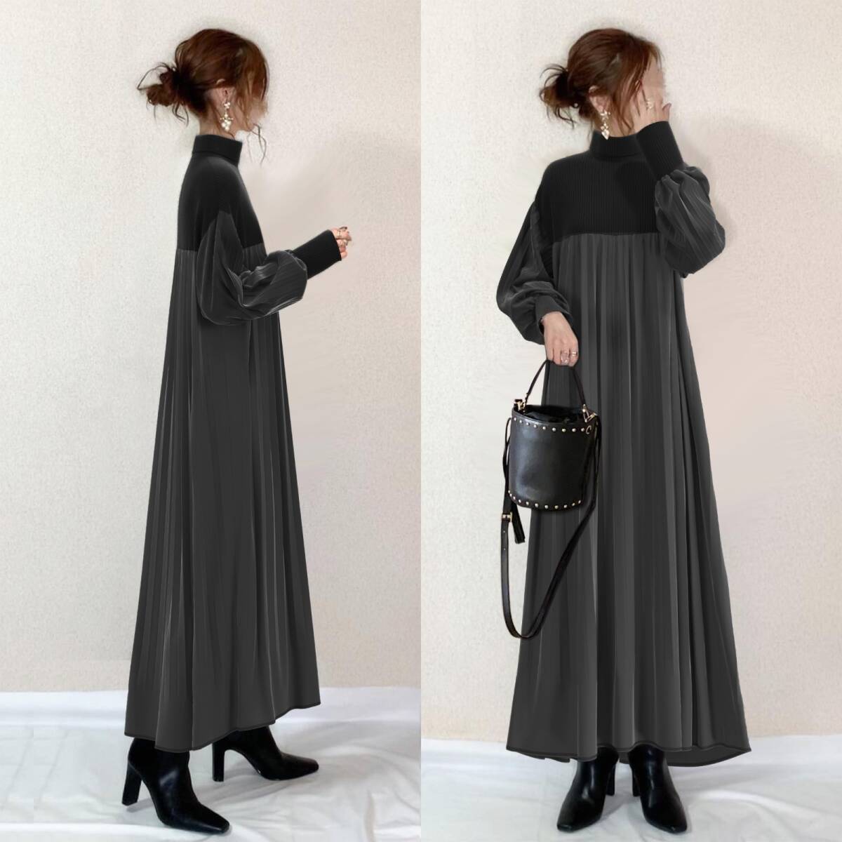 新入荷人気品リブセーターとベルベット素材プリーツがおしゃれな新品大きいサイズ長袖ロング丈ワンピお色選択可拍卖