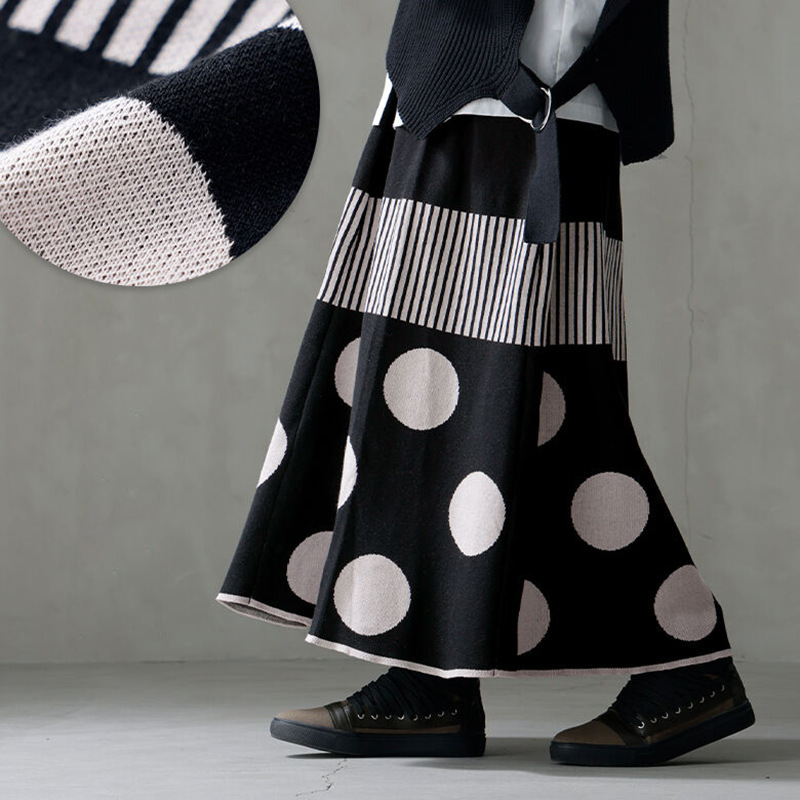 新入荷 3L 水玉模様切替ストライプニットロングスカート拍卖