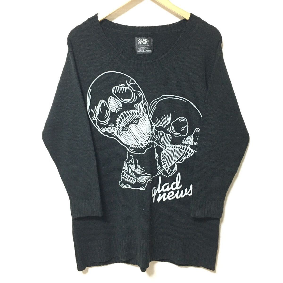個性的◎【GLAD NEWS】グラッドニュース ニット ラウンドネック ブラック プリント ドクロ スカル ロック パンク メンズ サイズR/Y22273fF拍卖