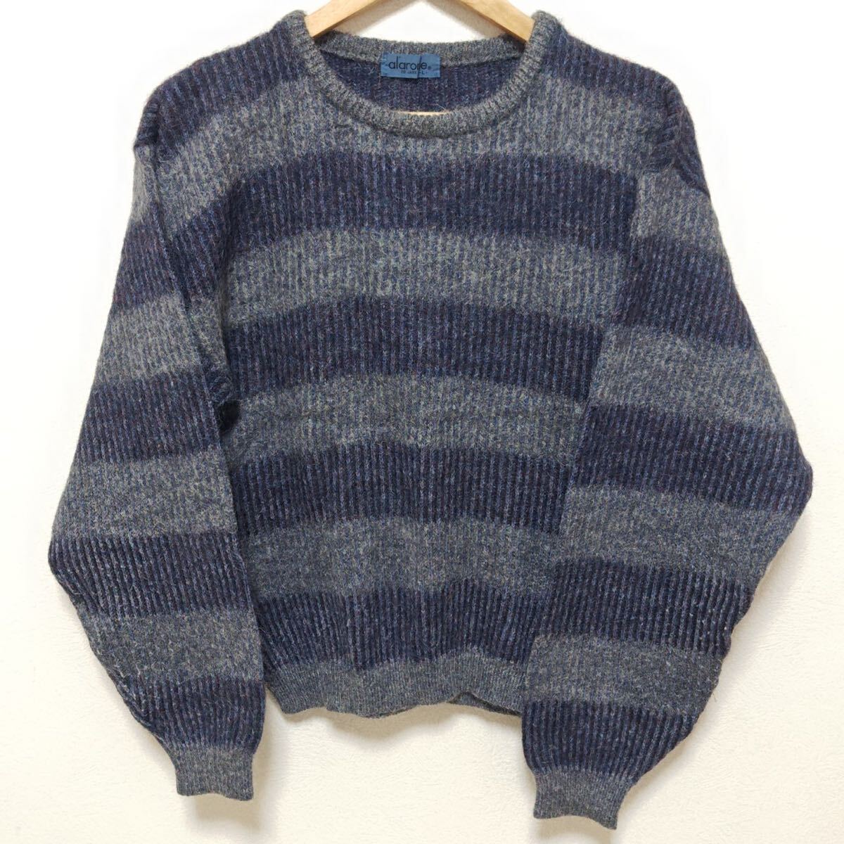 定番の1着◎【alarome】アラローム ニット セーター ラウンドネック ウール ボーダー 冬 カジュアル シンプル レトロ ブルー系 L/Y22353jT拍卖