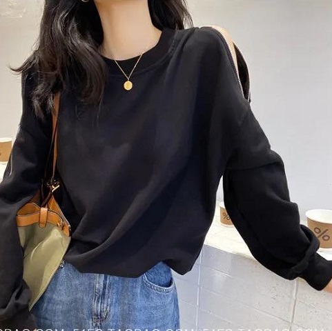 カットソー トレーナー スウェットシャツ セクシー ゆったり 袖ジップアップスリット ドルマンスリーブ (ブラック)新品拍卖