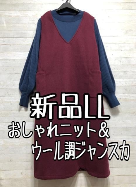 新品☆LL袖かわいいニット&ウール調ジャンスカ♪重ね着コーデ〇B574拍卖