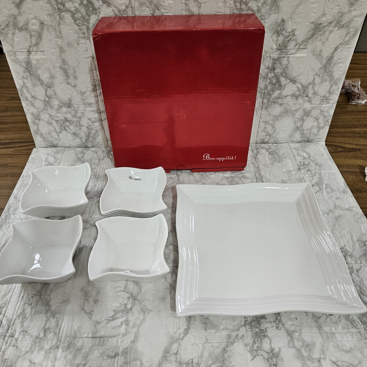 【未使用】ボナペティ スクエアオードブル 洋食器 食器 5点 プレート ホワイト コレクション拍卖