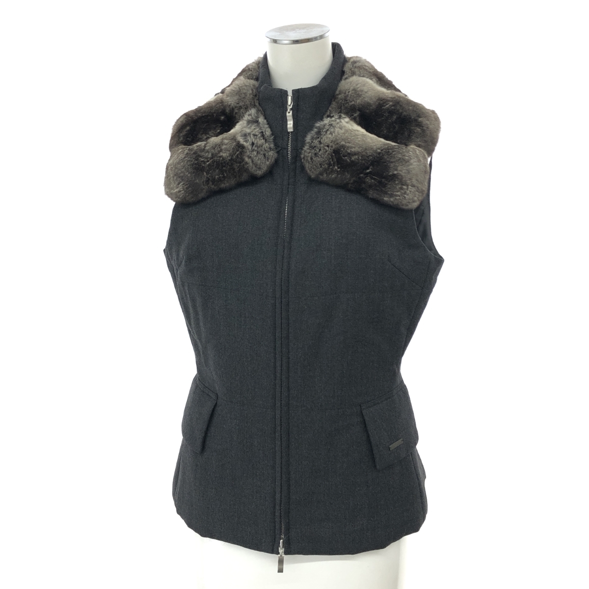 良好◆FOXEY BOUTIQUE フォクシーブティック チンチラファージップベスト ジレ サイズ:40◆ グレー レディース アウター拍卖