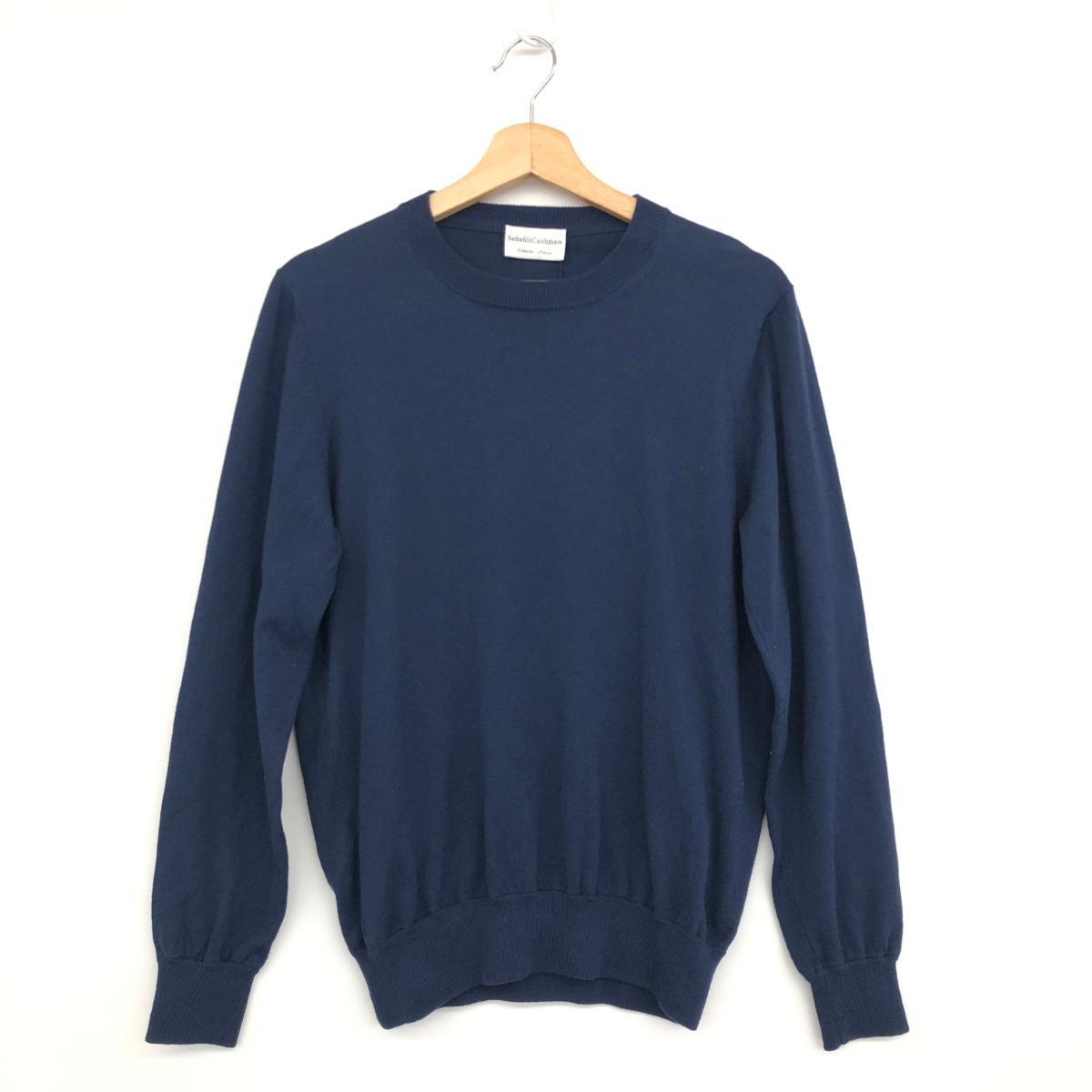 未使用品◆Settefili Cashmere セッテフィーリ カシミヤ クルーネック ニット 44◆ ネイビー メンズ トップス ハイゲージ コットン拍卖